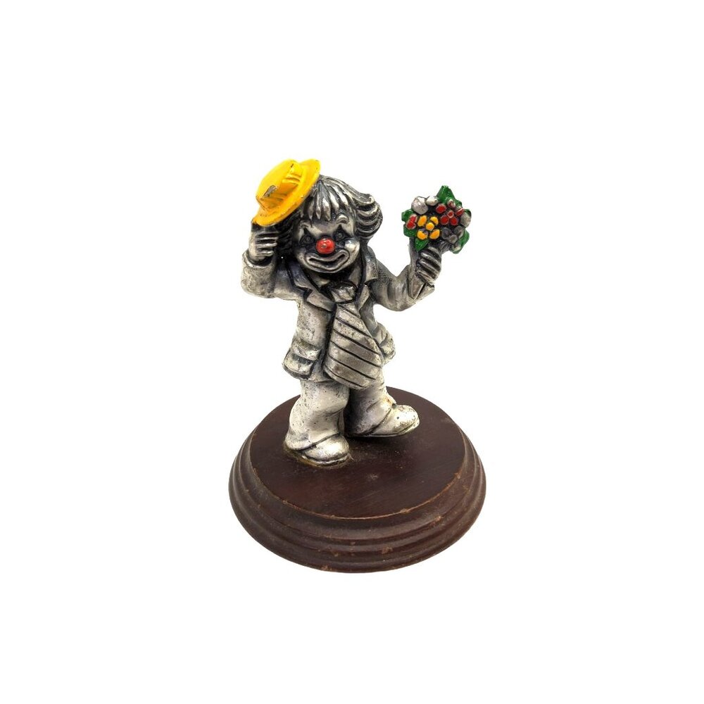 vintage miniature george good cast pewter 3"h clown with flowers.